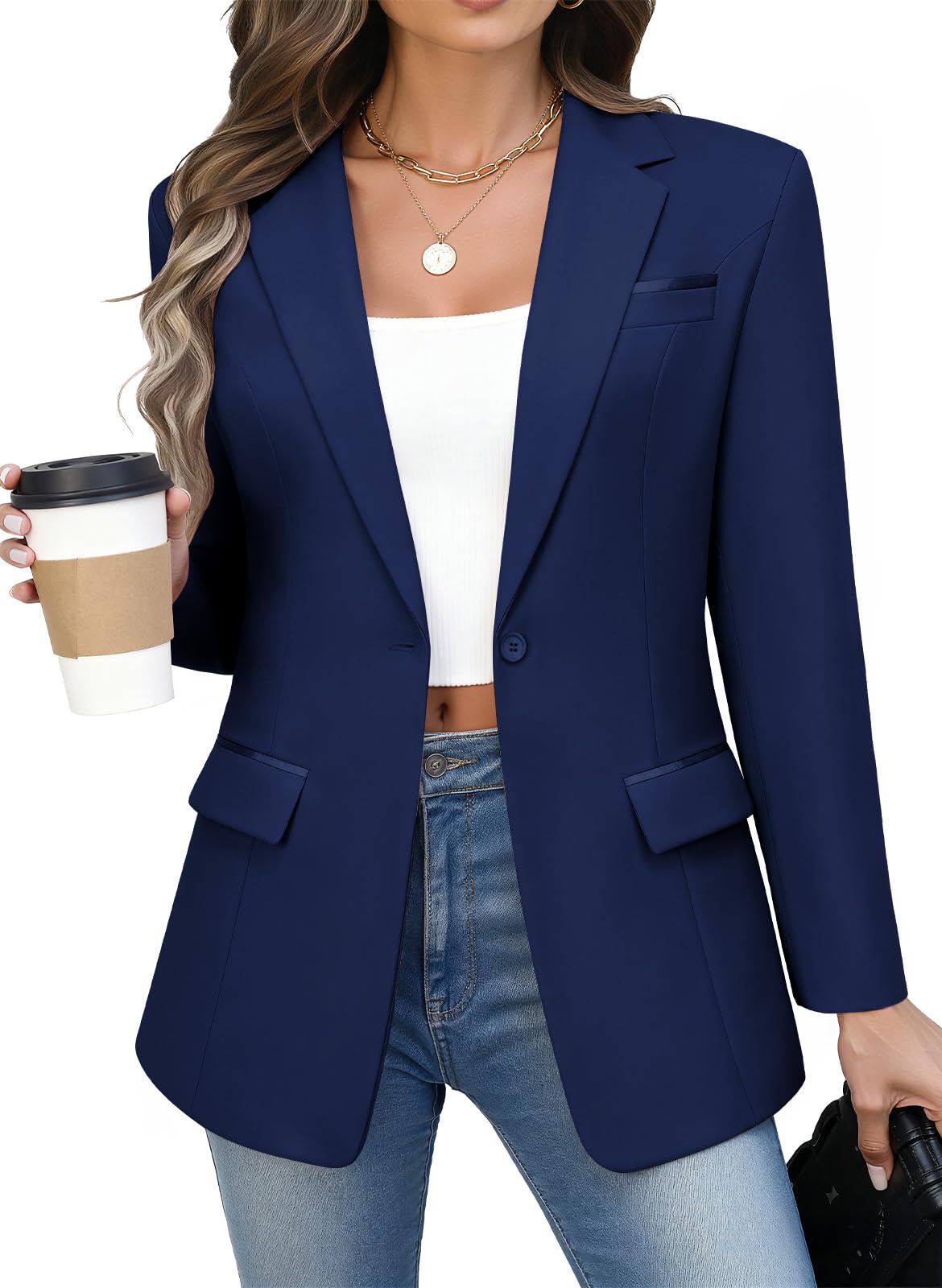 Kelyaa Women's Casual Business Blazer Notched Lapel One Button Open Front Long Sleeve Blazers Office Work Suit Jackets