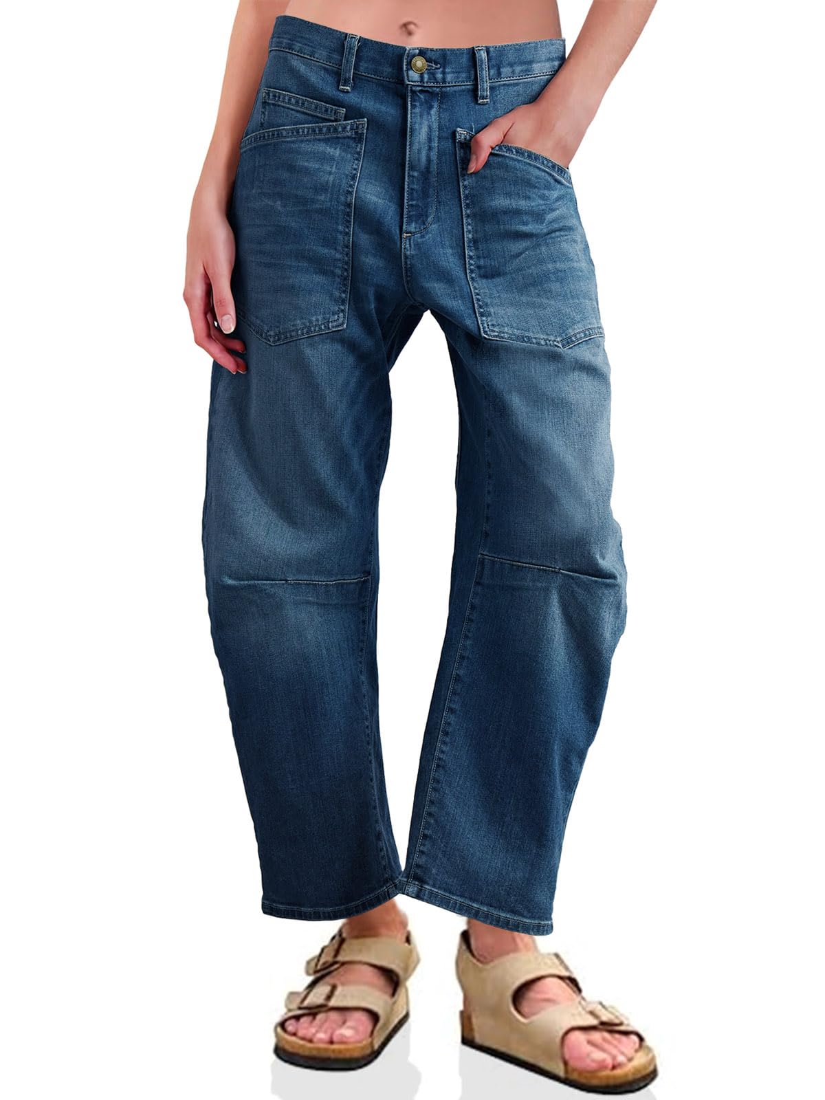 PLNOTME Womens Barrel Jeans High Waisted Baggy Boyfriend Wide Leg Denim Pants with Pockets
