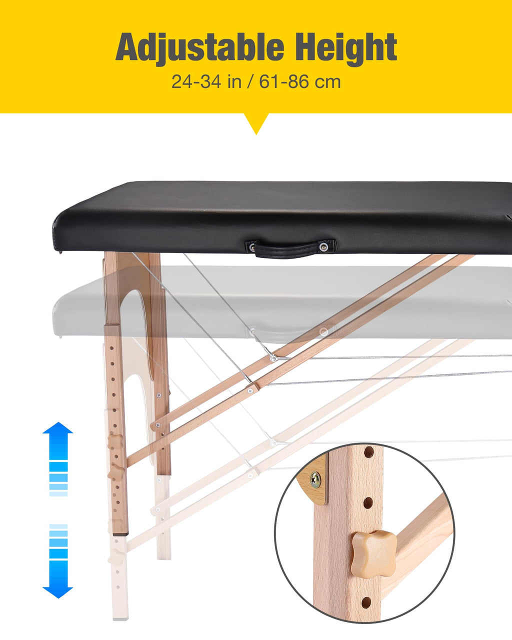 Portable Massage Table Massage Bed Professional SPA Reiki Eyelash Salon Bed, Wooden Frame Height Adjustment Accessories, Black (3-Section)