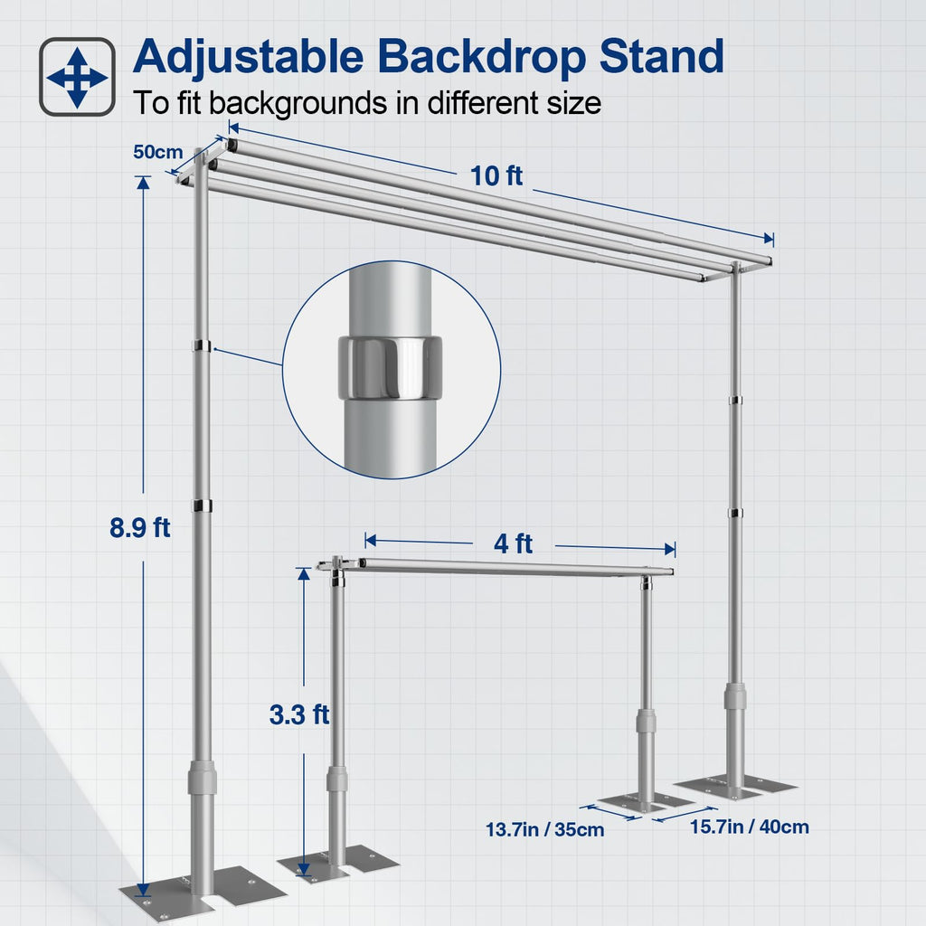 EMART Backdrop Stand Heavy Duty 8.9x10Ft,Three Crossbar Pipe and Drape Photo Background Support Kit, Adjustable Metal Frame with Flat Base for Wedding Birthday Party Decorations-Black