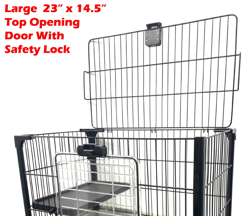 Deluxe 2-Level in/Outdoor Rabbit Hutch Cage for Ferret Squirrel Chinchilla Paw Safe Solid Platform Ramp Mesh Floor Pull Out Leakproof Easy Clean 2-Inch Deep Tray Large Access Doors Lockable Casters