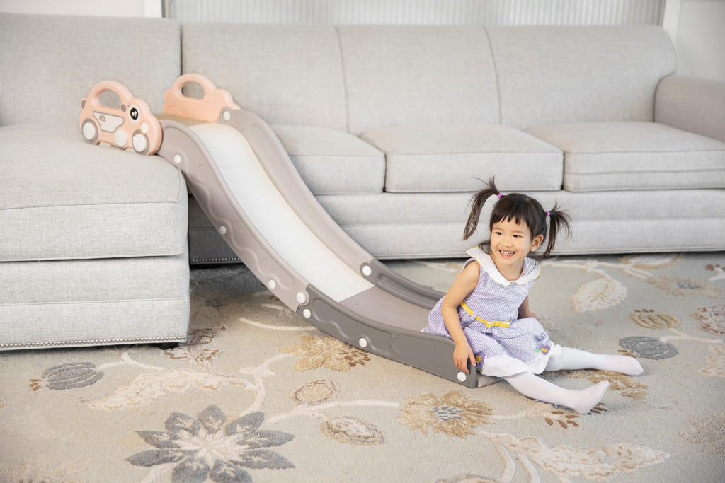 Indoor Kids Baby Couch Slide for Toddler 1-3, Sofa Slide Add-on Attachment for Bed Nugget Playgrounds, with Secure Base Guardrail, Gentle Slope Extended Buffer Zone, Fun Car Design, Blue