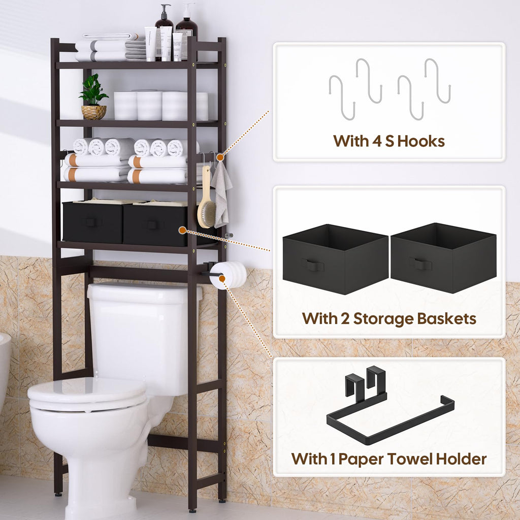Cozivolife Over The Toilet Storage: 4-Tier Bamboo Organizer Rack with 2 Baskets & Paper Holder & 4 Hooks & Waterproof Feet Pad, Adjustable Freestanding Shelf for Bathroom (Brown)