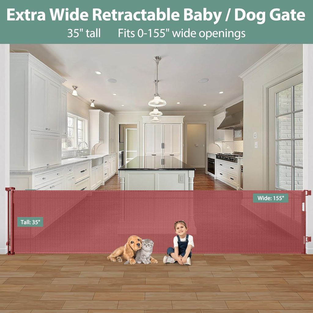 155 Inch Extra Wide Baby Gate for Doorway Indoor Dog Gate for Stairs Retractable Puppy Gates for The House Extra Wide Baby Gates for Large Openings Mesh Dog Gate Outdoor Gates for Decks, Timber