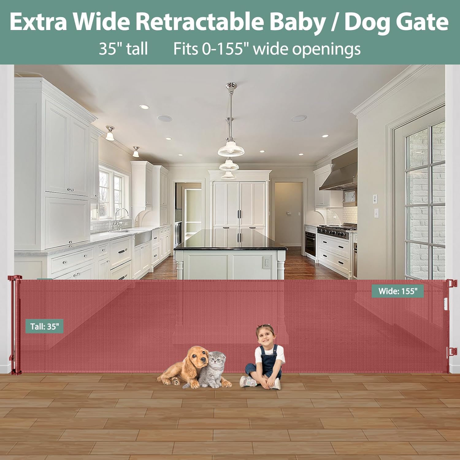 155 Inch Extra Wide Baby Gate for Doorway Indoor Dog Gate for Stairs Retractable Puppy Gates for The House Extra Wide Baby Gates for Large Openings Mesh Dog Gate Outdoor Gates for Decks, Timber