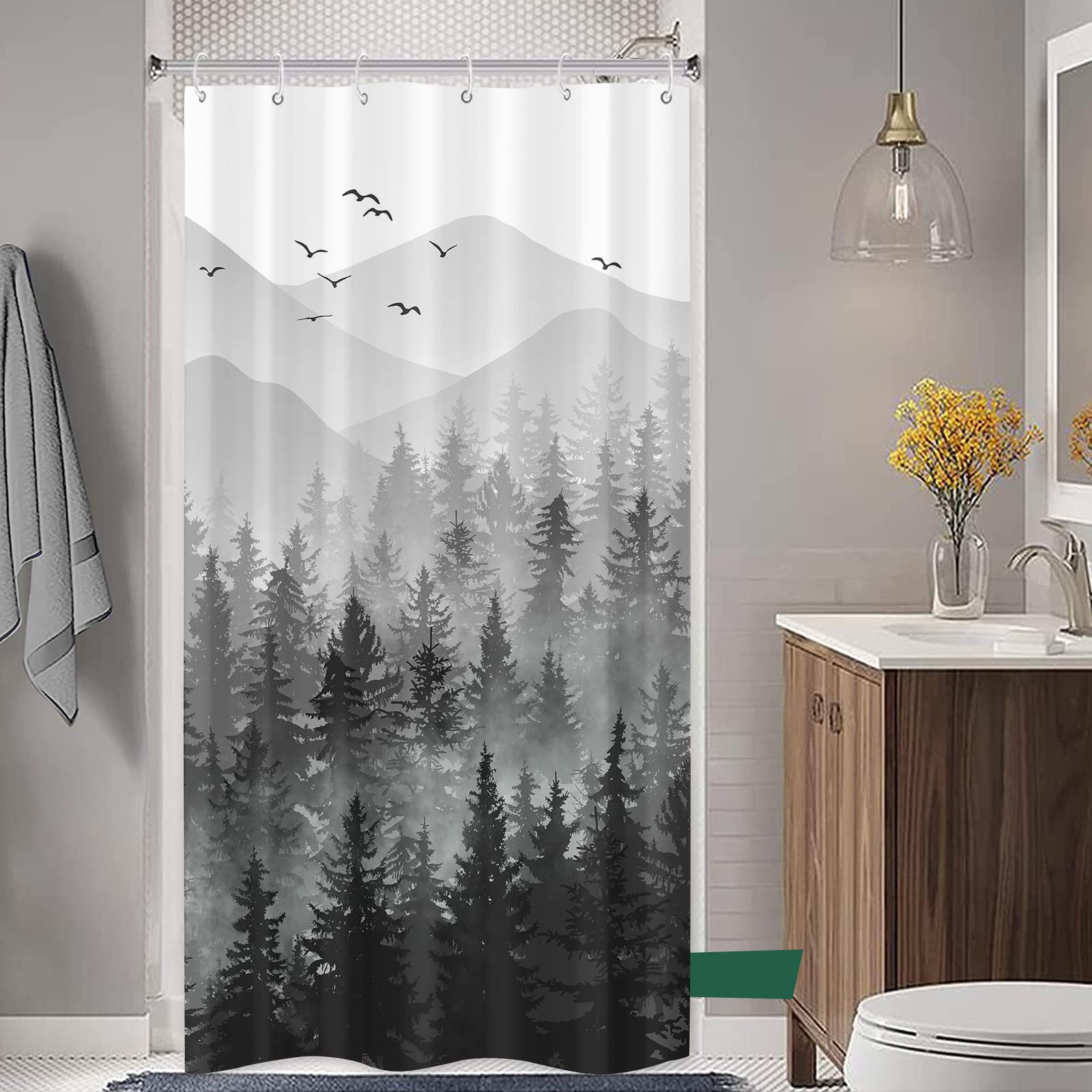 Stall Small Black and White Misty Forest Shower Curtain Ombre Gray Grey Mountain Pine Tree Waterproof Fabric Shower Curtains for Bathroom Nature Woodland Decorative Bath Curtain Decor 36×72 Inches