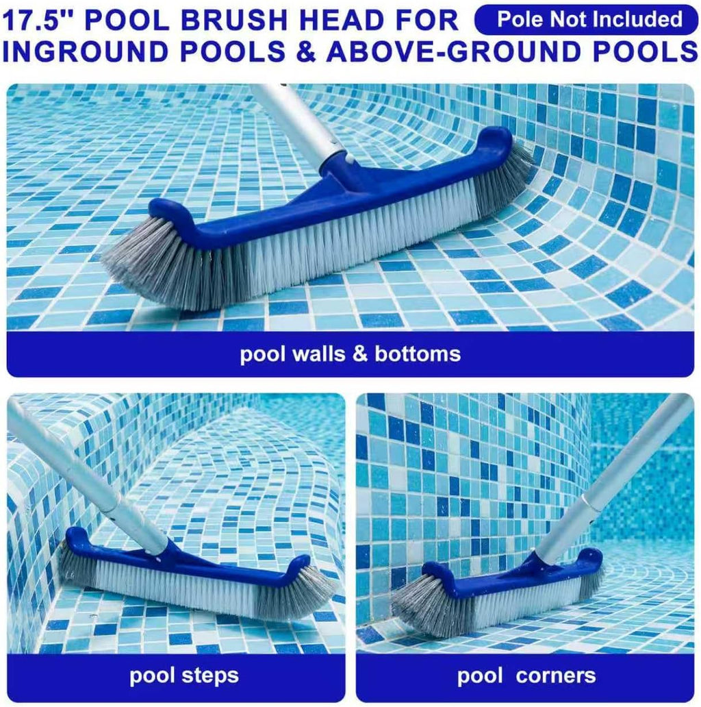 POOLAZA Pool Brush, 17.5'' Pool Brush Head for Inground Pools & Above-Ground Pools, Durable Pool Scrub Brush Fit Standard Pool Pole, Enhanced Pool Brushes for Cleaning Pool Walls with Curved Ends