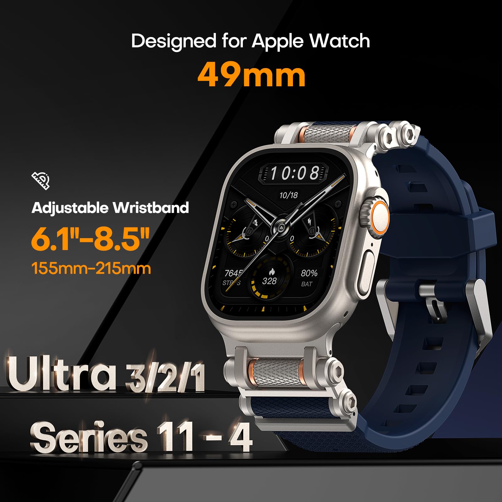 TAURI Nylon for Apple Watch Bands SE/Series 9/8/7/6/5/4 44/45mm, Rugged Nylon Braided Strap & Stainless Steel Connector – iWatch 44mm/45mm Adjustable Woven Band for Men Women, All Black