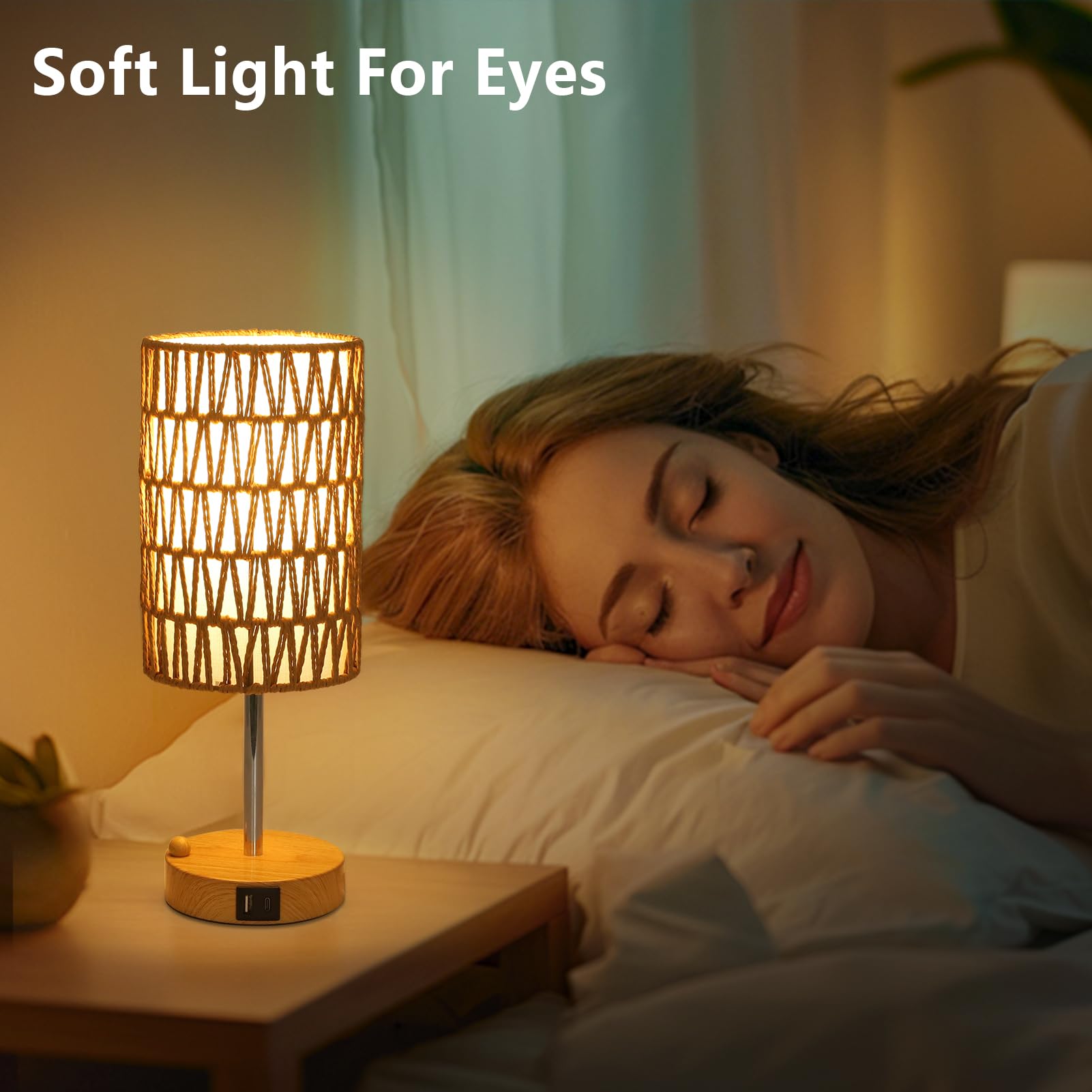 Rattan Bedside Table Lamps Set of 2 - Boho Lamps With 3 Color Temperatures & USB AC Port, Pull Chain Table Lamp For Bedroom, Cute Small Lamp For Nightstand Office Desk Bed Side End Table Living Room