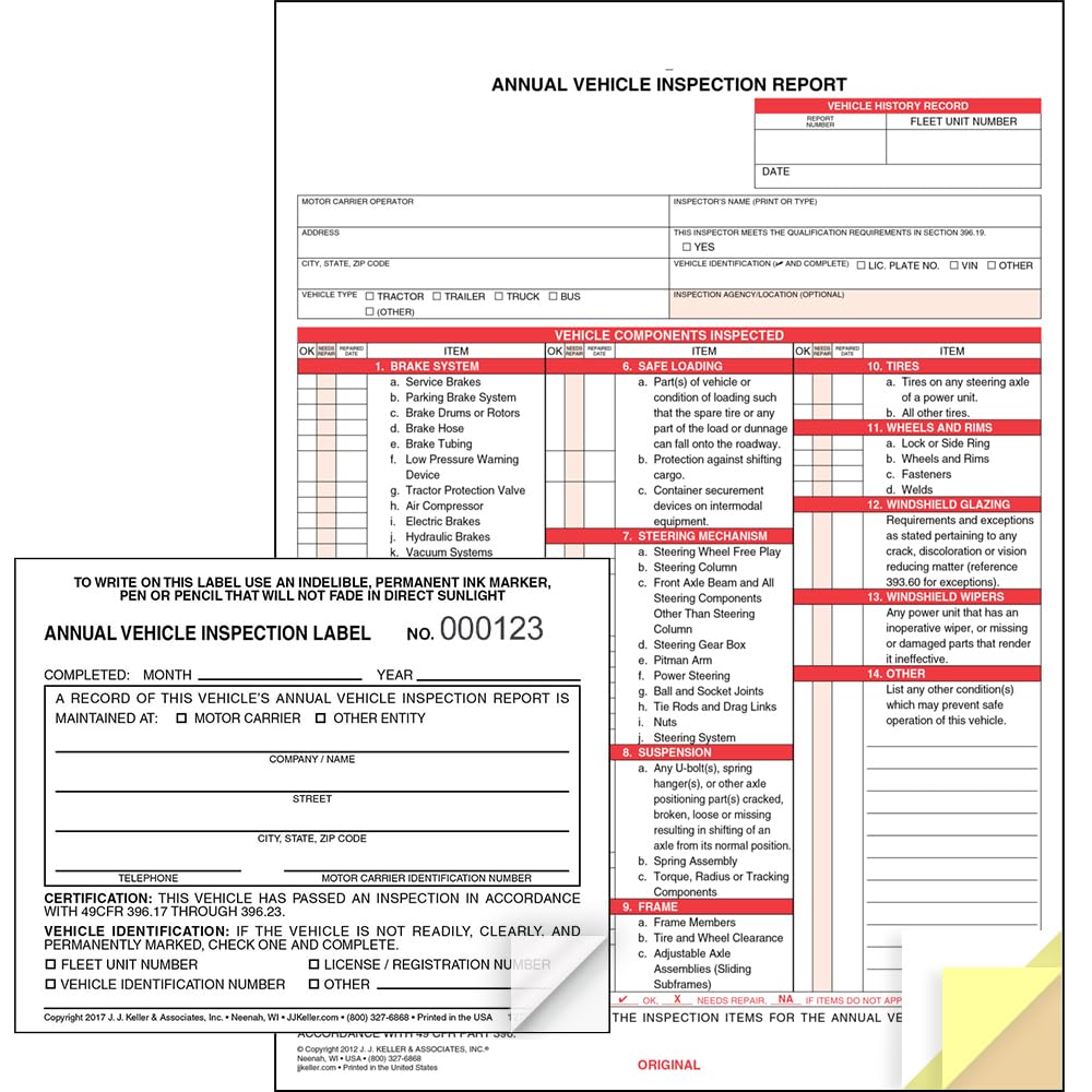 J. J. Keller 25-Pack, Annual Vehicle Inspection Report Form & Adhesive Vinyl Label 2-Ply, 3-Ply Carbonless Form, Prenumbered, DOT Compliant