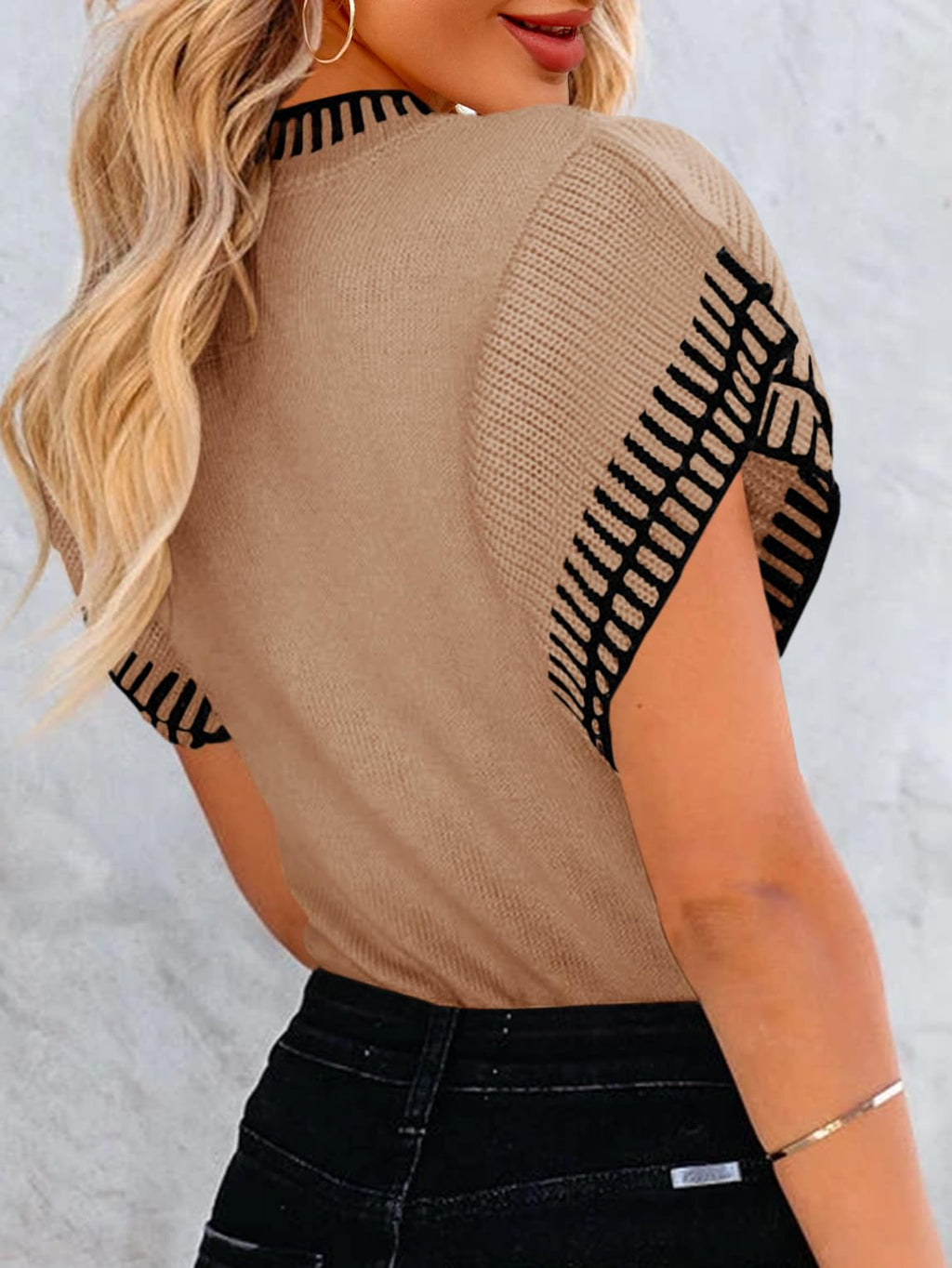 Saodimallsu Womens Short Sleeve Sweaters Tops Summer Ruffle Striped Loose Crew Neck Lightweight Soft Shirts Knit Sweater