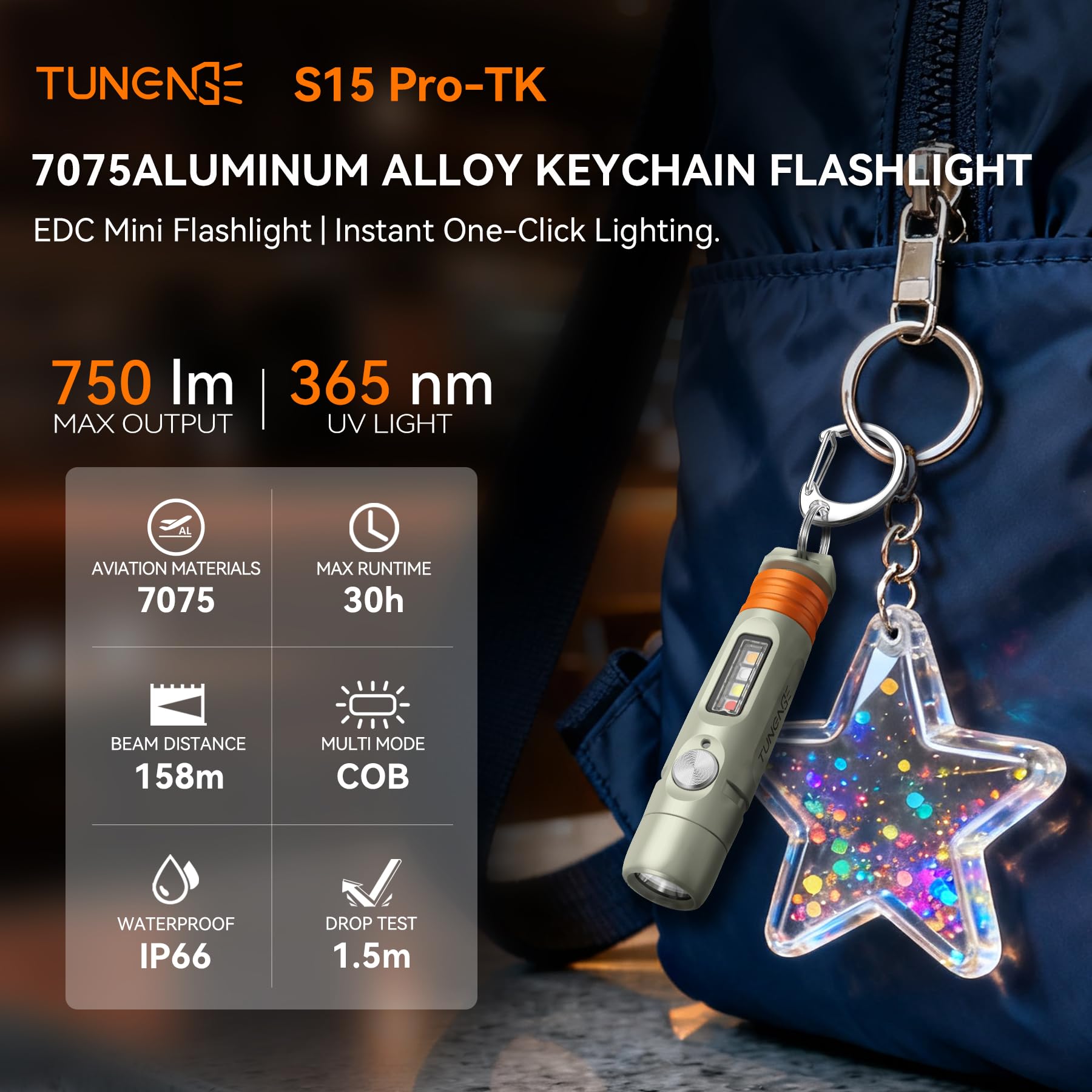 S15PRO-TK 7075 Aluminum Keychain Flashlight Rechargeable, 750 Lumens EDC Mini Flashlight, Pocket Light with 5 Side Light + Screwdriver & Quick-Release Tail Cap for Emergencies, Maintenance, Khaki