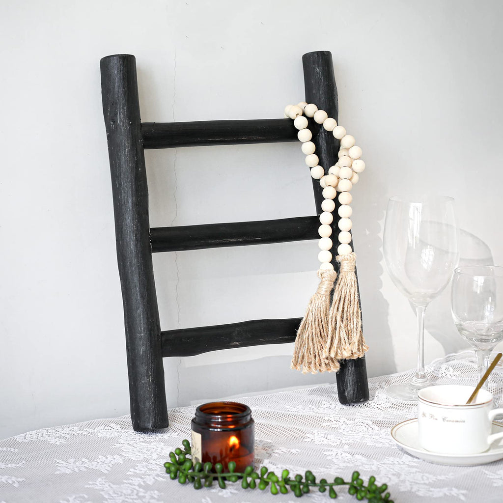 FUIN 57in Wood Blanket Ladder Living Room Decorative Wall Leaning Farmhouse Quilt Display Holder Rustic Wooden Towel Rack for Bathroom, Black