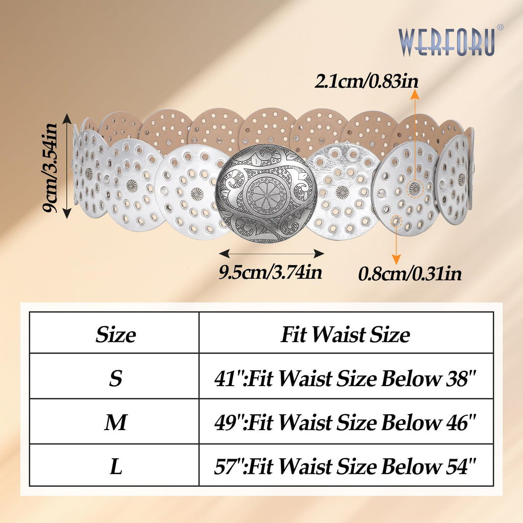 WERFORU Women Vintage Leather Belt Western Disc Waist Belts Ladies Western Belt Boho Belt for Dress Jean-