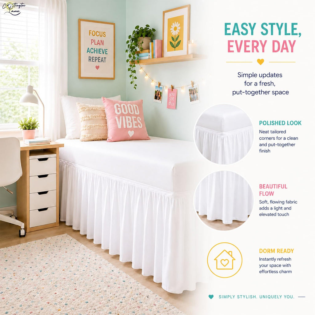 Cottington Lane Ruffled Dorm Room Bed Skirt Twin XL 25 Inch Drop, Hotel Quality Premium Brushed Microfiber Twin Extra Long College Dust Ruffle, White