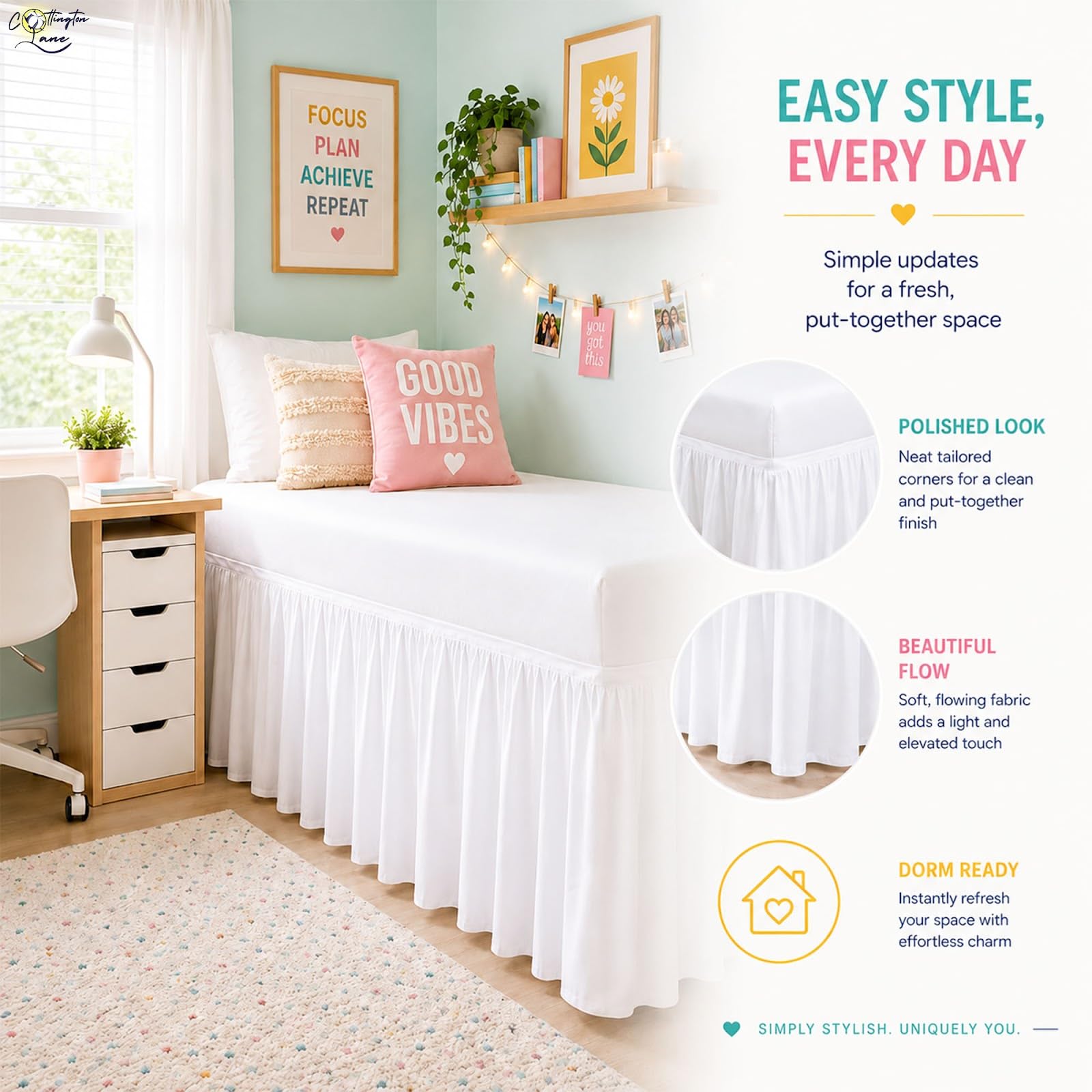 Cottington Lane Ruffled Dorm Room Bed Skirt Twin XL 25 Inch Drop, Hotel Quality Premium Brushed Microfiber Twin Extra Long College Dust Ruffle, White