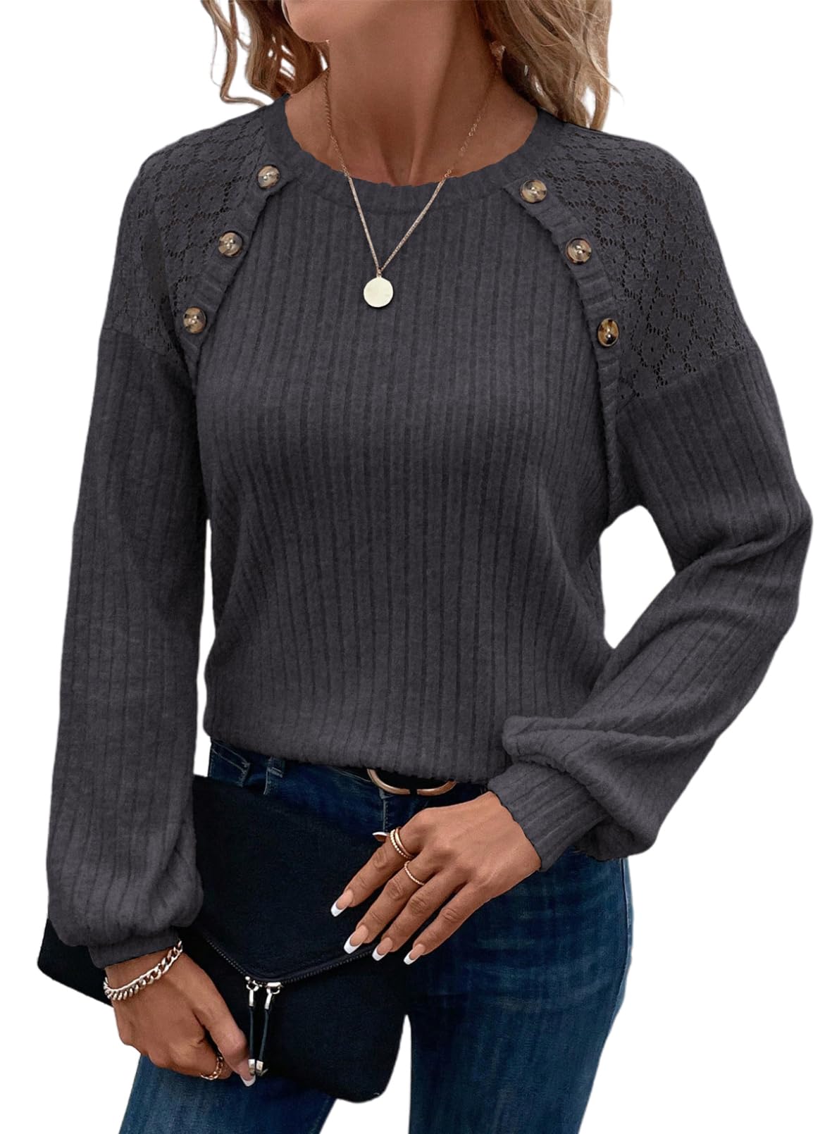 Acelitt Womens Fall Long Sleeve Tunic Tops Casual Crew Neck Dressy Shirt Lace Patchwork Blouses Pullover Sweaters