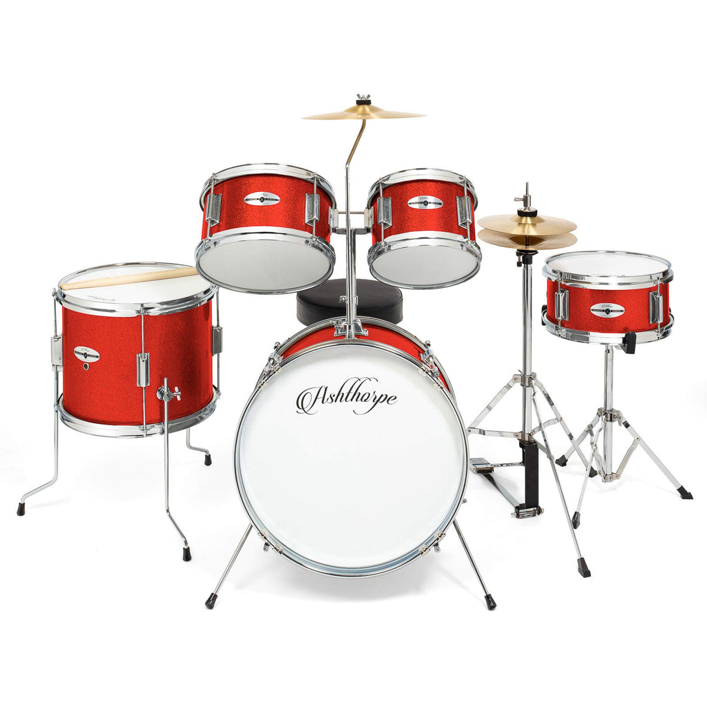 Ashthorpe 5-Piece Complete Kids Drum Set with Genuine Brass Cymbals - Junior Beginner Kit with 16" Bass, Throne, Hi-Hats, Pedals & Drumsticks - Black
