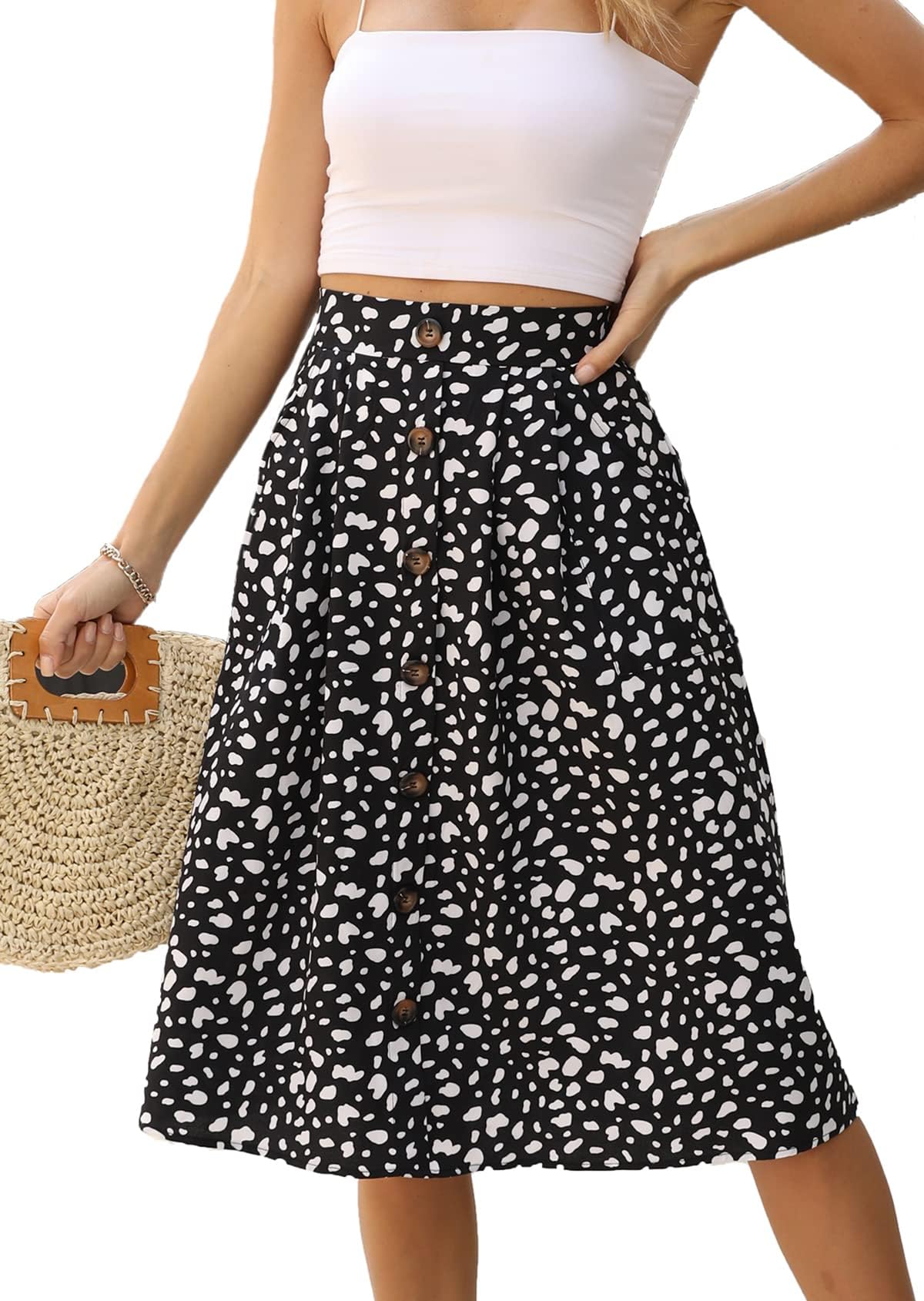 Naggoo Womens Summer Skirts Casual Front Button A-Line High Waisted Midi Skirt with Pockets