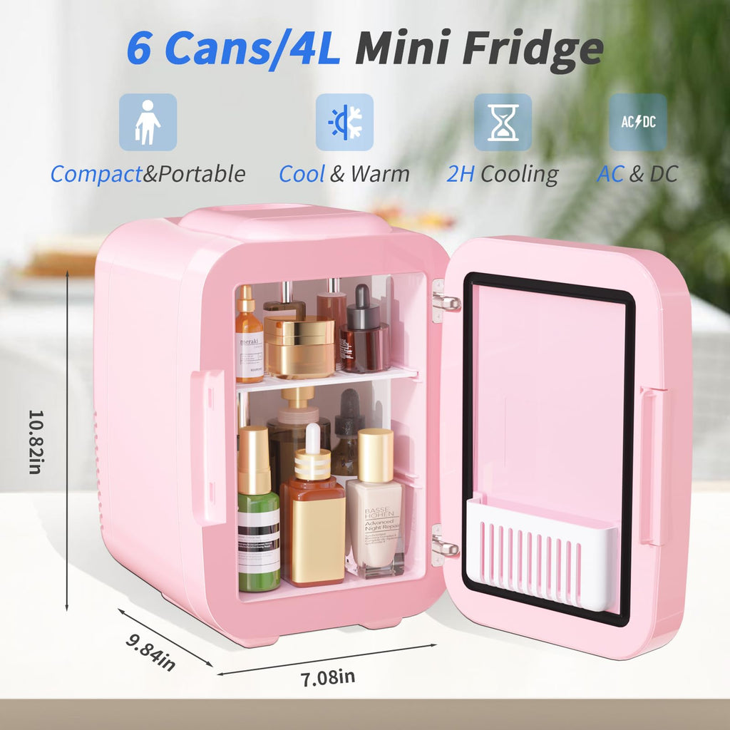 YASHE Mini Fridge, 4 Liter/6 Can Mini Makeup Fridge, 110V AC/ 12V DC Portable Thermoelectric Cooler&Warmer for Skincare, Drink, Cosmetic, Medicine, Small fridge for Bedroom, Office, Dorm, Car, Black