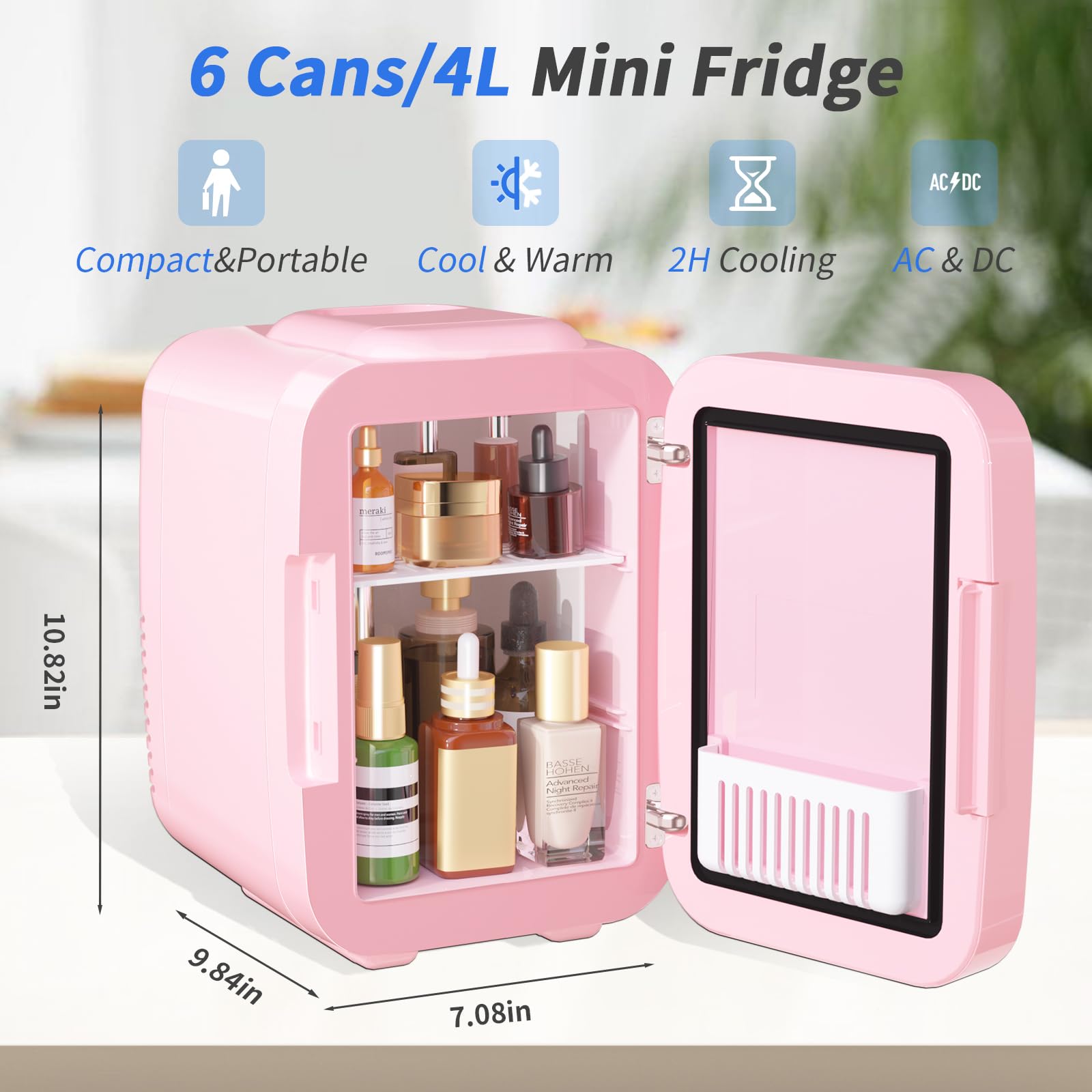 YASHE Mini Fridge, 4 Liter/6 Can Mini Makeup Fridge, 110V AC/ 12V DC Portable Thermoelectric Cooler&Warmer for Skincare, Drink, Cosmetic, Medicine, Small fridge for Bedroom, Office, Dorm, Car, Black