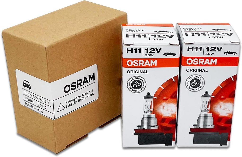 OSRAM H11 OEM Original Standard Halogen Headlight Bulbs 12V 55W 64211L+ (Long Life) Made in Germany | Pack of 2
