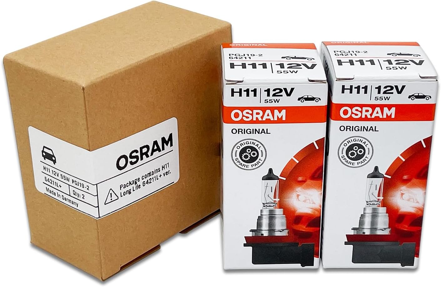 OSRAM H11 OEM Original Standard Halogen Headlight Bulbs 12V 55W 64211L+ (Long Life) Made in Germany | Pack of 2