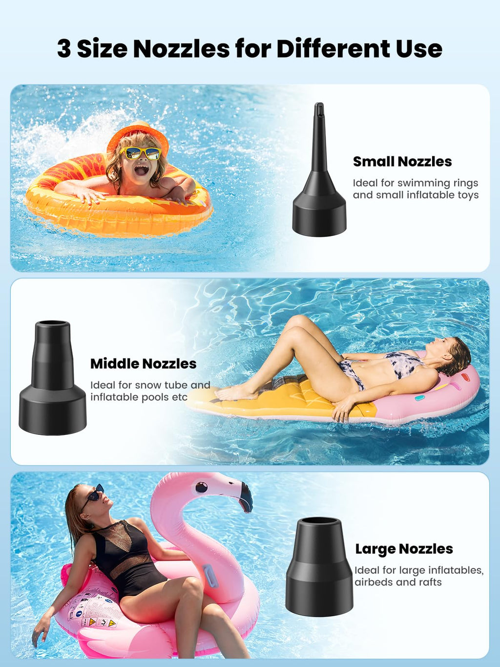 Dr.Meter Air Pump for Inflatables: AC 110V Air Mattress Pump with 3 Nozzles - Quick-Fill Electric Inflator Deflator for Inflatable Pool Raft Bed Boat Floats Swimming Rings Yoga Balls