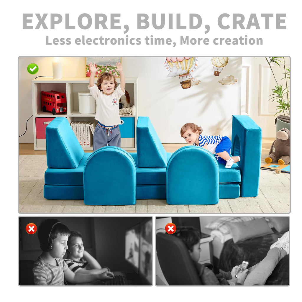 wanan Kids Couch 10PCS, Modular Kids Play Couch for Playroom Bedroom, 10 in 1 Multifunctional Kid Sofa for Playing, Creativing, Sleeping, Indoor Toddler Couches for Boys and Girls(Dark Grey)