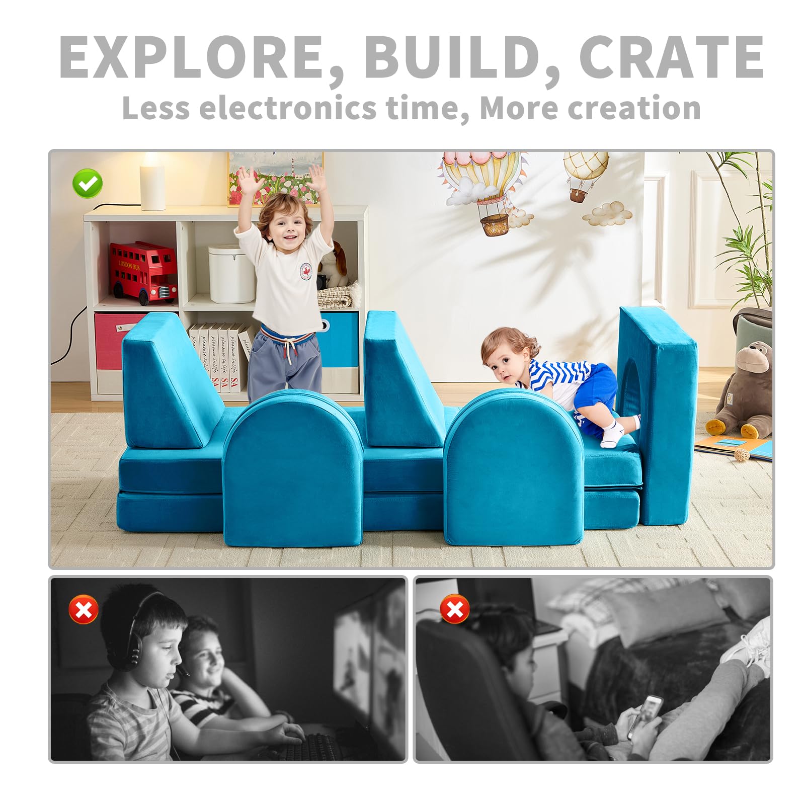 wanan Kids Couch 10PCS, Modular Kids Play Couch for Playroom Bedroom, 10 in 1 Multifunctional Kid Sofa for Playing, Creativing, Sleeping, Indoor Toddler Couches for Boys and Girls(Dark Grey)