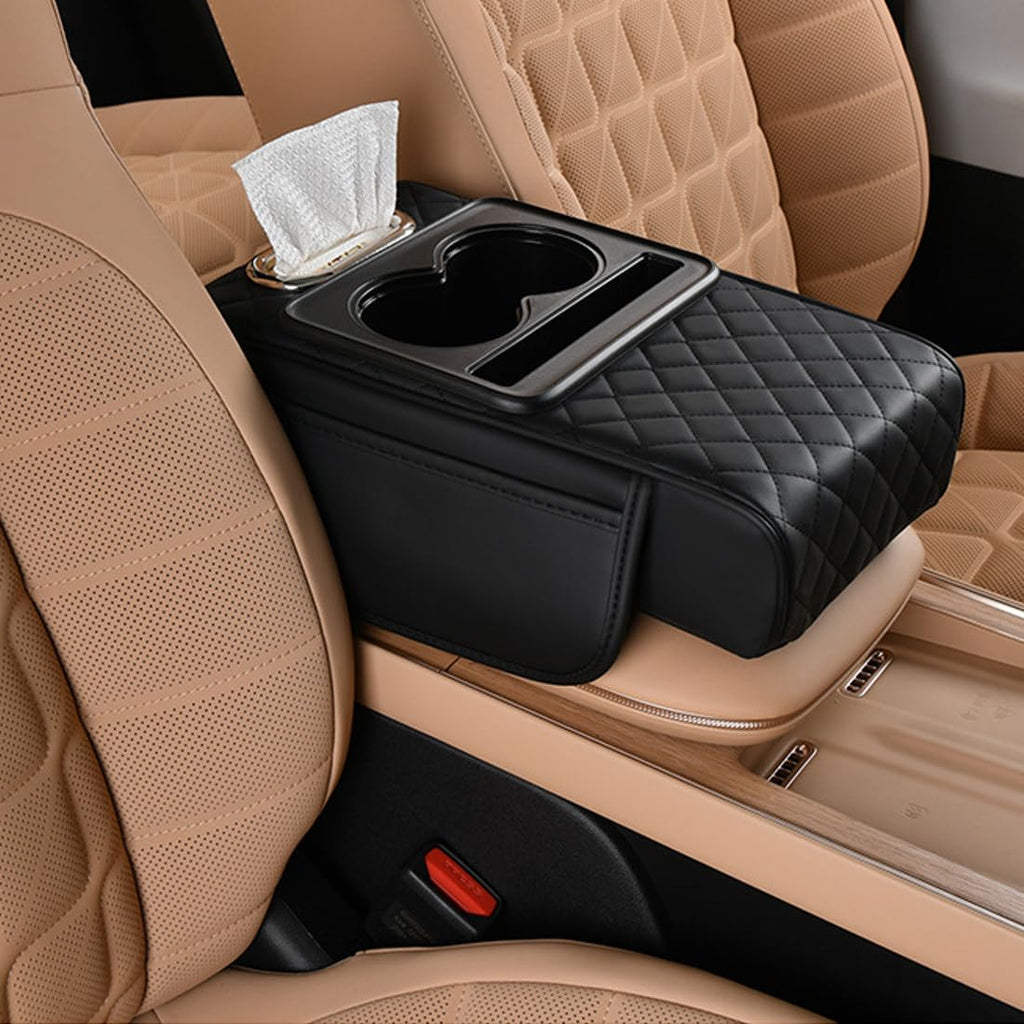 Car Armrest Cushion,5-in-1 Center Console Cover with 2 Storage Bags Cup Holder, Tissue Box Slot, Phone Slot for Sedans, Car Accessories Interior Organizers (Beige)