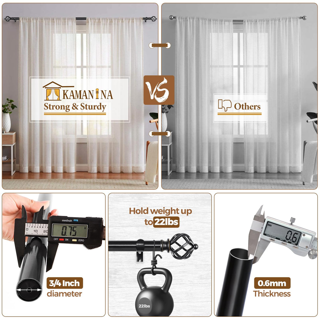 KAMANINA Silver Curtain Rod 32 to 58 Inch(2.6-4.8ft), Adjustable Curtain Rods for Windows 28 to 48 Inch, 3/4 Inch Splicing Drapery Rods with Twisted Cage Finial