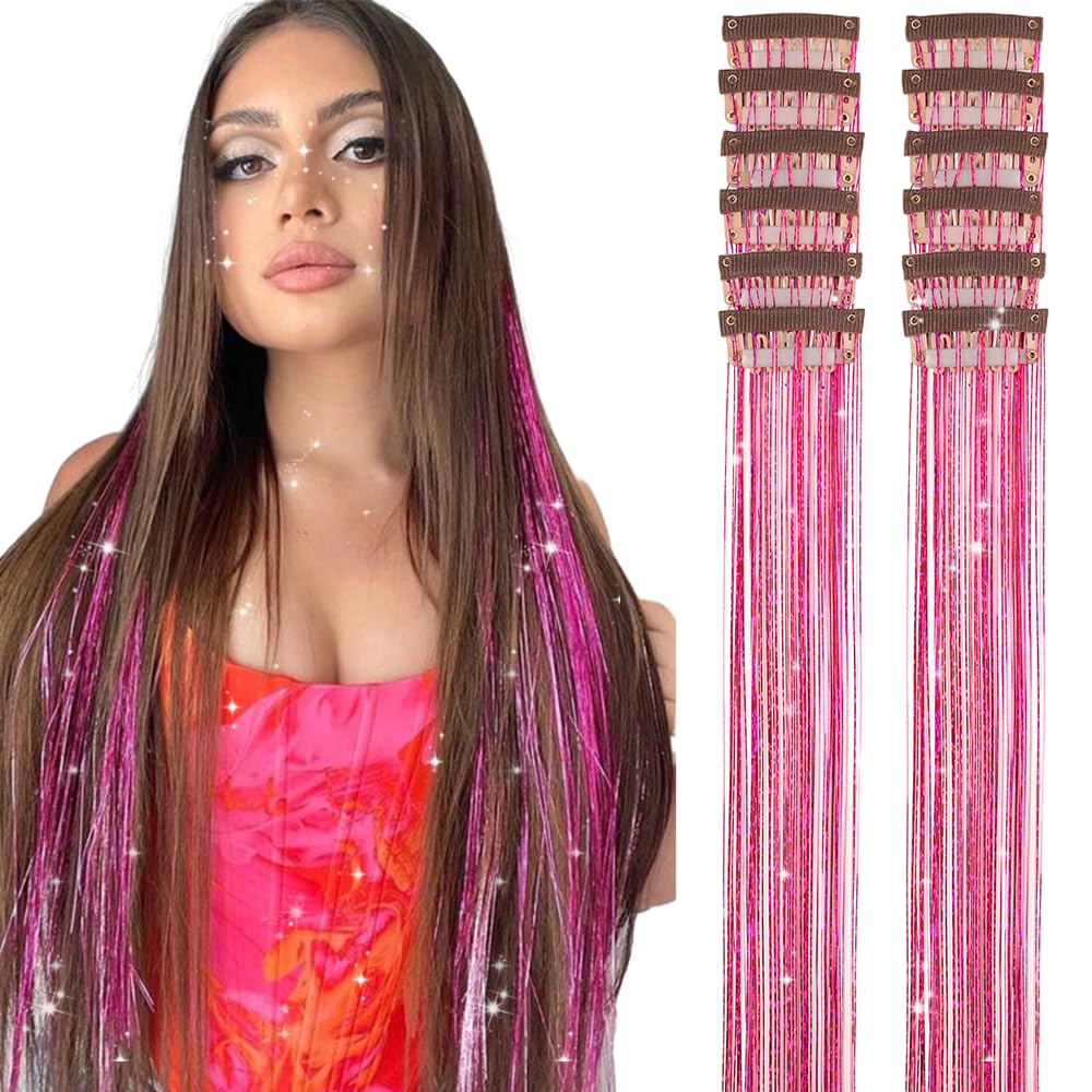 Clip in Hair Tinsel, Pack of 12 Pcs 20 Inch,Glitter Tinsel Hair Extensions, Festival Tinsel Fairy Hair Extension Party Dazzle Hair Accessories Strands Kit for Women Girls(12Pcs,Black#)