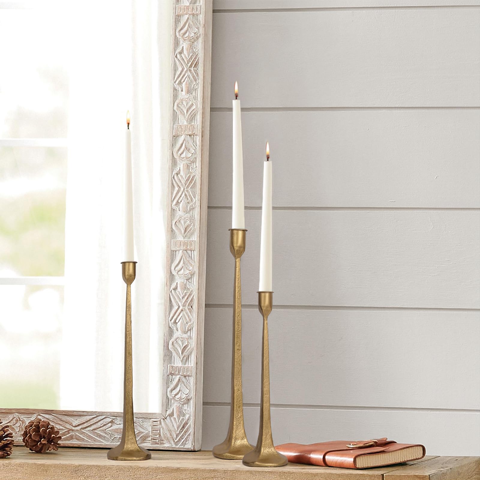 Iron Taper Candle Holder Set of 3 - Decorative Tall Candle Stand, Candlestick Holder for Wedding, Dining Table, Party Decoration (Antique Brass)