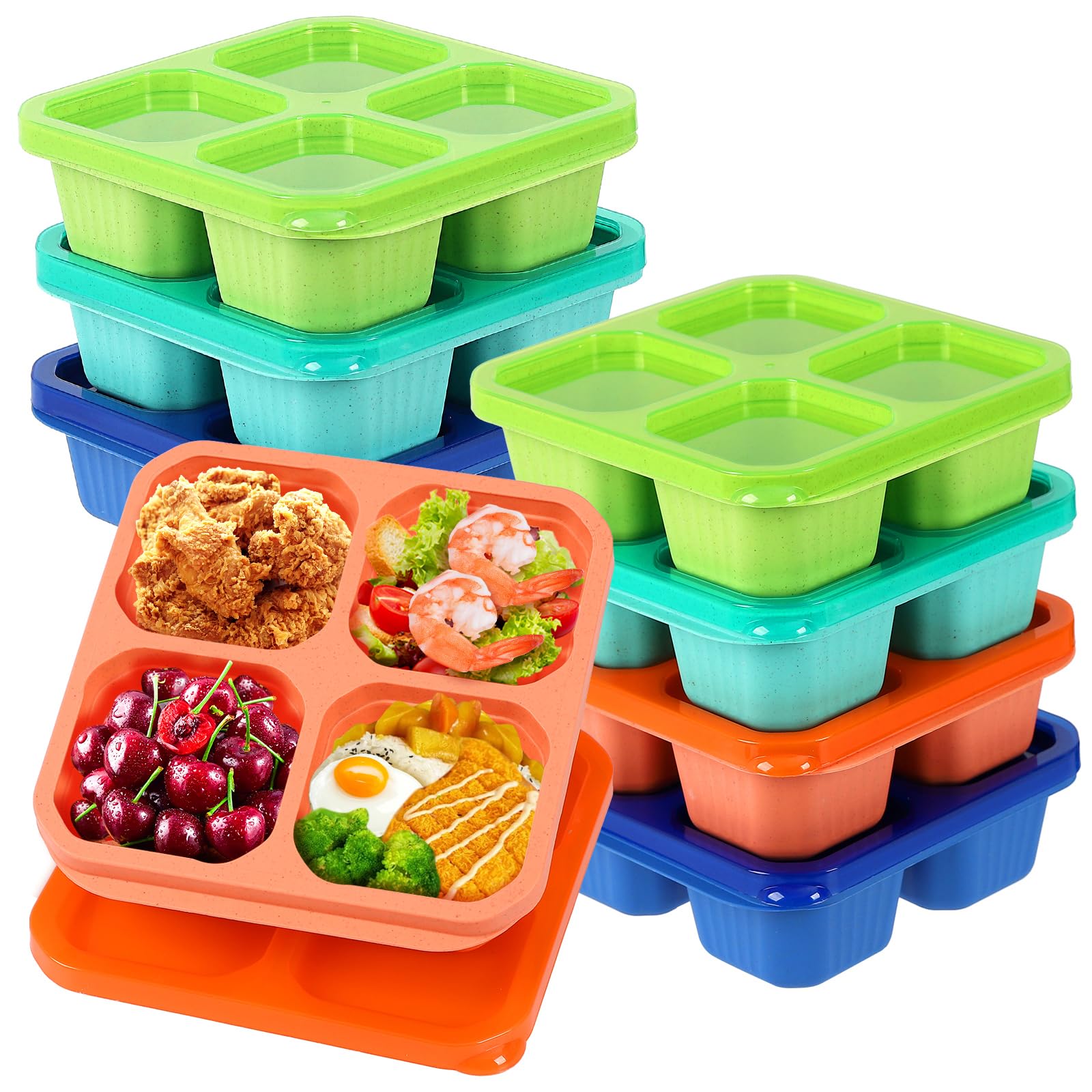 buluker 4 Pack Bento Snack Containers Set， 4 Compartment Food Storage Containers ，Wheat Straw Meal Prep Lunch Box ，Plastic Food Storage container, Microwave and Dishwasher Safe (4colour)