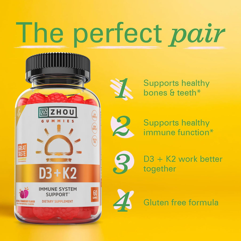 Zhou D3+K2 - Vitamin D3 K2 Supplement for Women & Men, Immune Support Vit D3 and K2 Supplements, Pure Vegetarian Formula with 5000 IU of D3 and MK-7 - 60 Veggie Capsules (Pack of 1)
