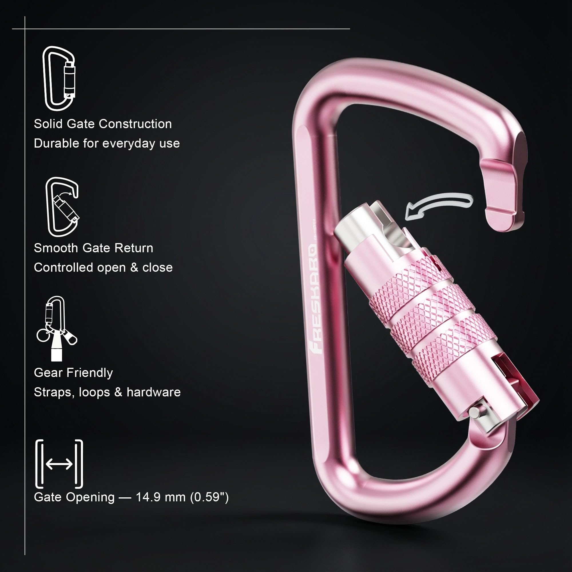 FresKaro 3inch 12kN-2698lbs Auto Locking Carabiner Clips, Solid D Shape, Heavy Duty 7075 Aluminum, Lightweight 1.09oz, Rust Proof, for Hammock, Hiking, Dog Leash, Keychain etc., Multi-Colors