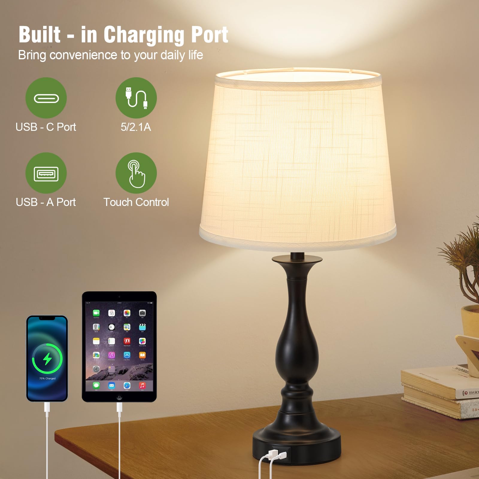 Bedside Table Lamp Touch Control Bedroom Lamps with USB A and C Charging Port 3 Way Dimmable Touch Lamps for Nightstand Living Room Bedroom Dorm Home Office Reading, Set of 2