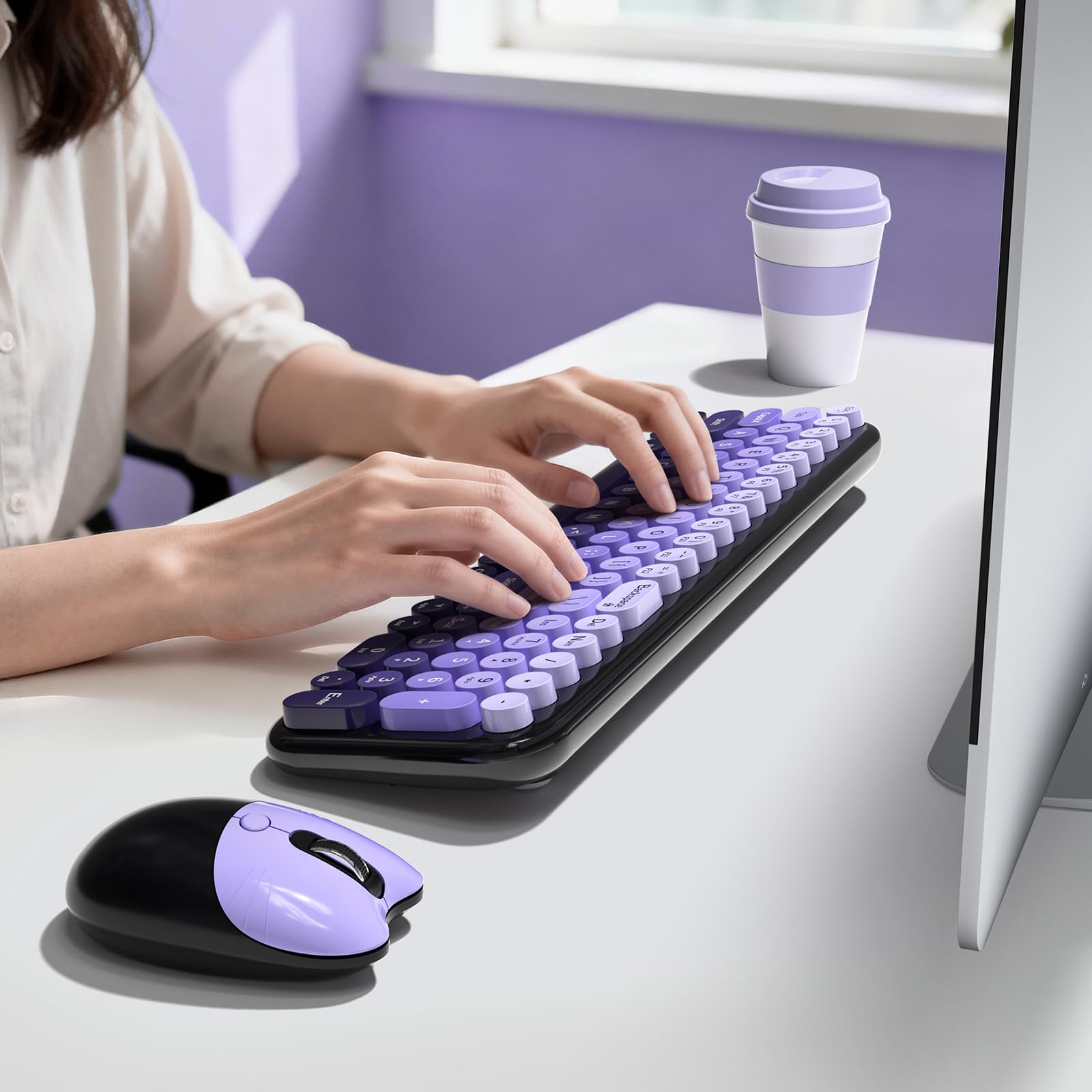 MOFII Wireless Keyboard and Mouse Combo, Compact Typewriter Retro Round Computer Keyboard and Mouse Set, Plug and Play, for Windows, Computer, Desktop, PC, Notebook - Black Green Gradient