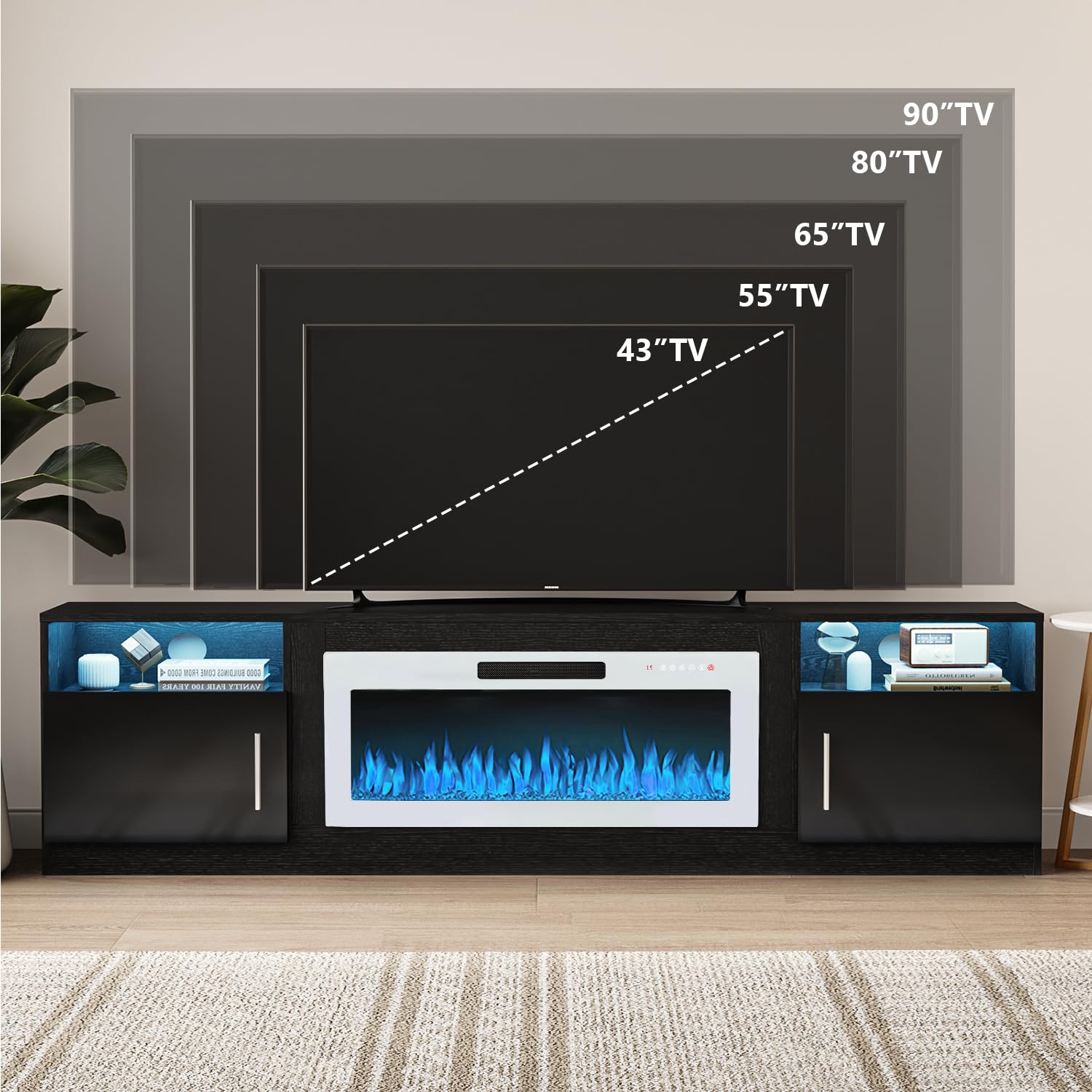 VITESSE 58 Inches Fireplace TV Stand for TVs up to 65 Inches Console with 18'' Electric Fireplace & Remote,Wooden Modern Entertainment Center for Living Room with LED Light Glass Shelves（Bei）
