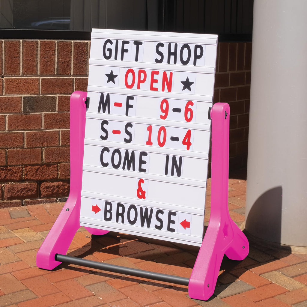 Swinging Changeable Message Sidewalk Sign: 24" x 36" Sign with 792 Pre-Cut Double Sided Letters and Storage Box. Includes Black Board & Letter Board (Black Color Legs)