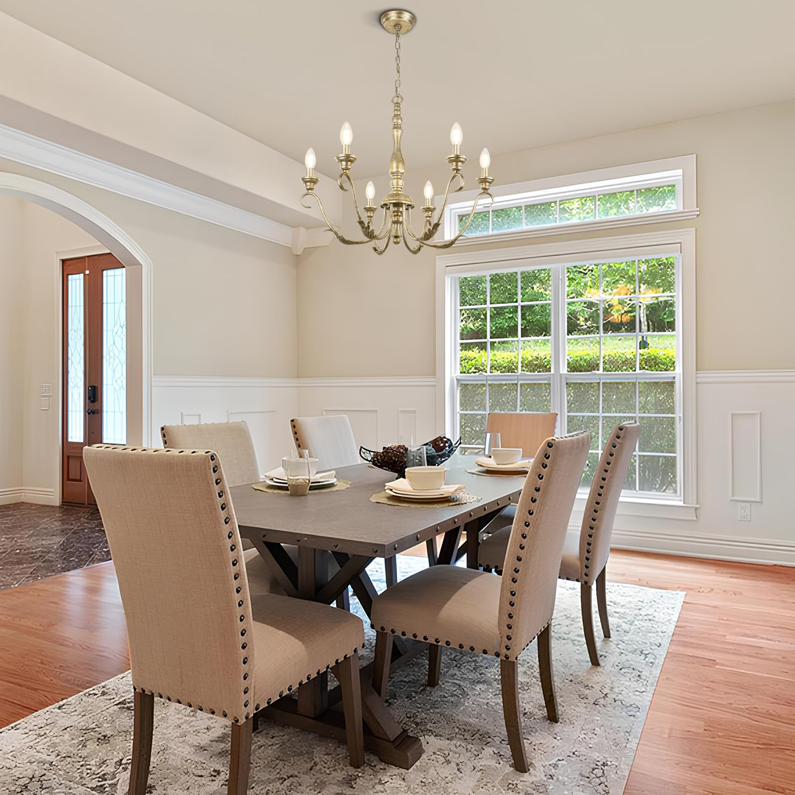 6-Light Farmhouse Chandeliers for Dining Room, 23.62'' Vintage Brass Gold Chandelier, Adjustable Rustic Metal Hanging Pendant Light Fixture for Kitchen Island Entryway Foyer Bedroom Hallway