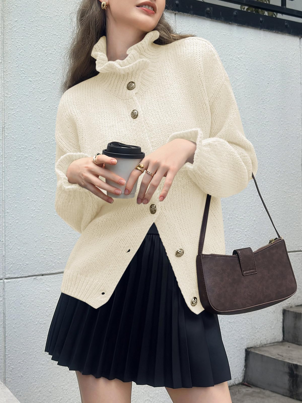 Saodimallsu Womens Ruffle Cardigan Oversized Button Up Fall Trendy Ribbed Knit Open Front Long Sleeve Loose Cute Sweater