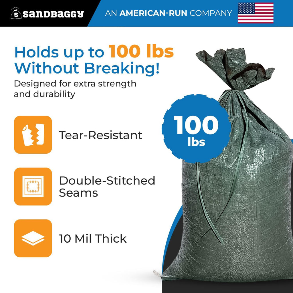 Sandbaggy - Heavy Duty Empty Sandbags For Flooding (14" X 26") - Poly Sand Bags For Flood Barrier, Weight, Construction, Earth Bag Homes - Reusable, UV Resistant - Tie Strings Attached (10 Bags)