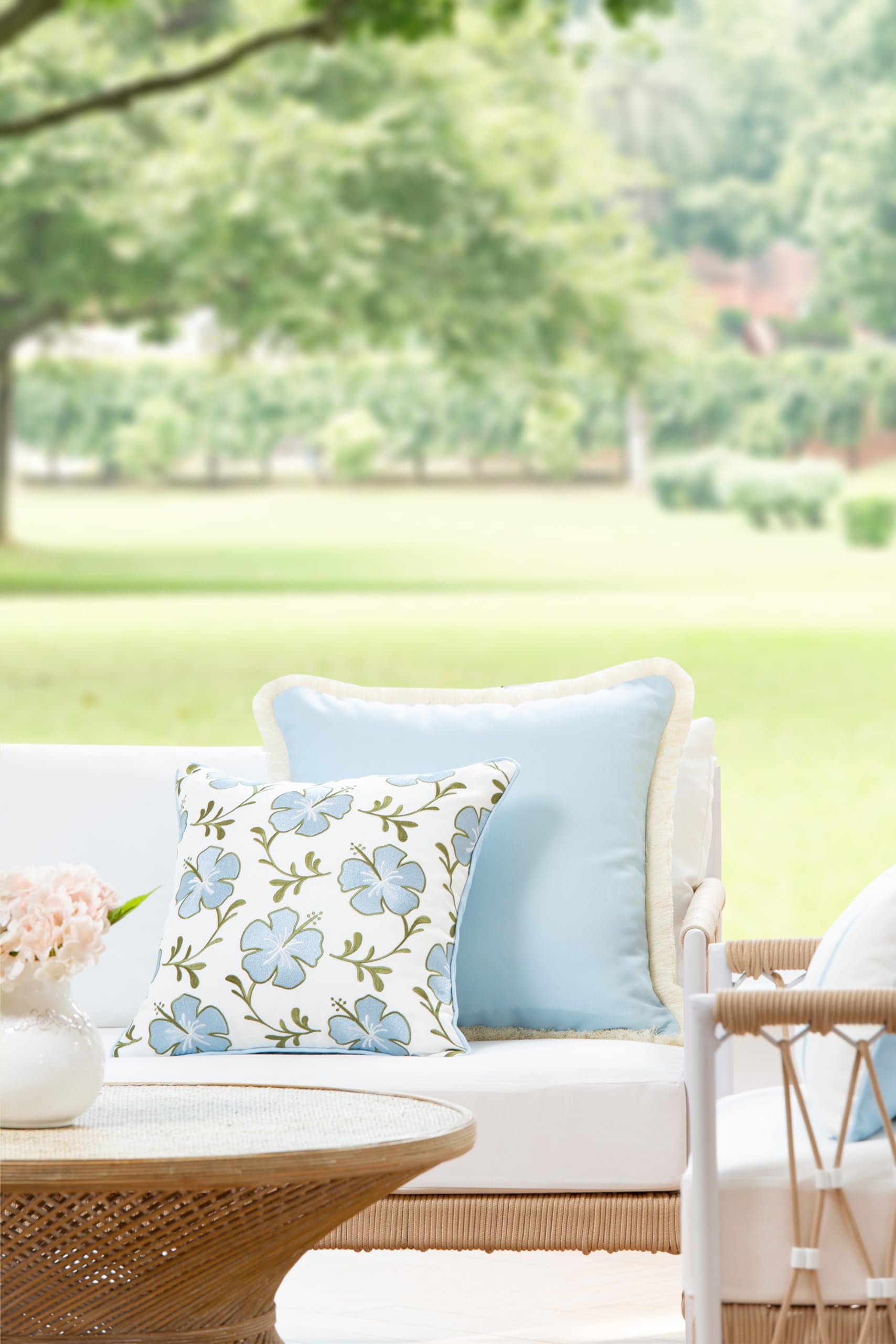 Hofdeco Premium Coastal Patio Indoor Outdoor Lumbar Pillow Cover Only, 12"x20" Water Repellent for Backyard, Couch, Baby Blue Green Floral with Piping