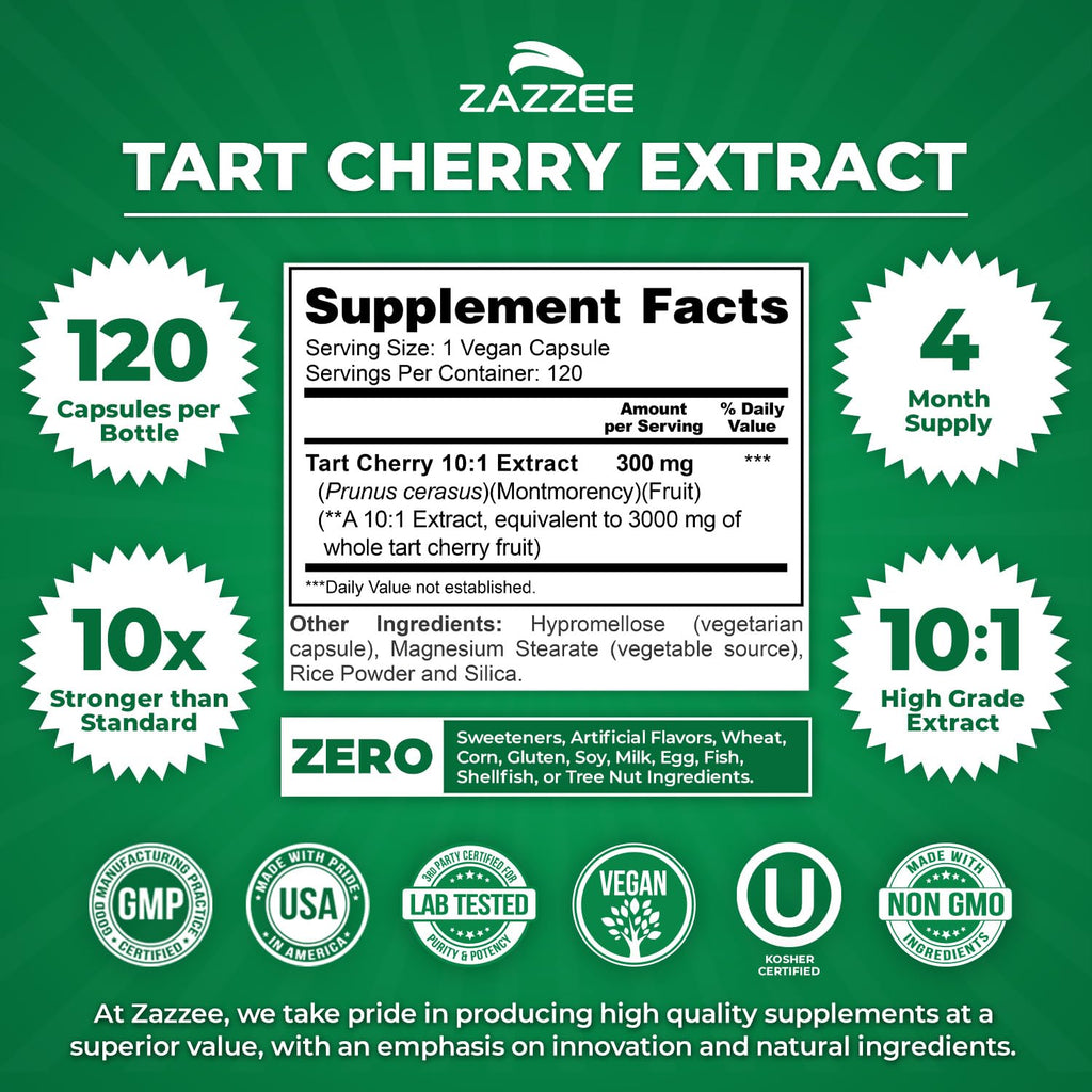 Zazzee Tart Cherry 10:1 Extract, 60 Vegan Capsules, 2 Month Supply, Montmorency Cherry, Certified Kosher, Joint & Uric Acid Support, Antioxidant Support Formula, Non-GMO, Made in the USA