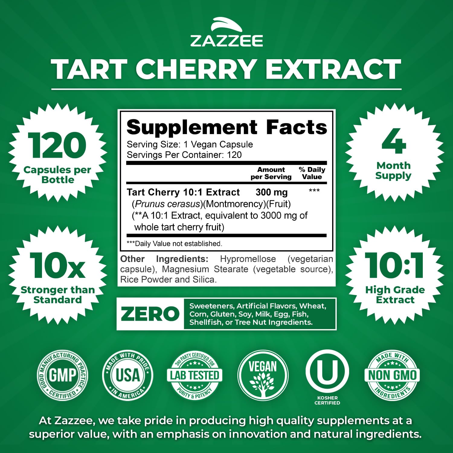Zazzee Tart Cherry 10:1 Extract, 60 Vegan Capsules, 2 Month Supply, Montmorency Cherry, Certified Kosher, Joint & Uric Acid Support, Antioxidant Support Formula, Non-GMO, Made in the USA