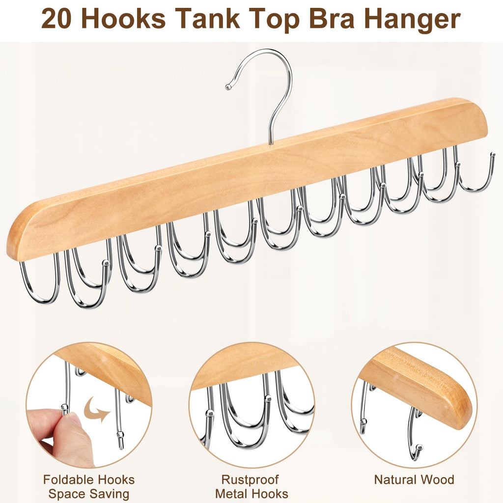 Bra Hanger for Closet, Tank Top Organizer 20 Hooks Capacity Foldable Wood Space Saving Hanger Closet Organizers and Storage for Dorm & Apartment for Tank Top, Hats, Scarf etc.