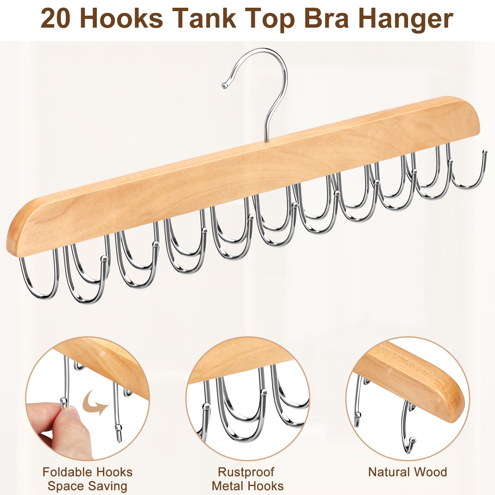 Bra Hanger for Closet, Tank Top Organizer 20 Hooks Capacity Foldable Wood Space Saving Hanger Closet Organizers and Storage for Dorm & Apartment for Tank Top, Hats, Scarf etc.