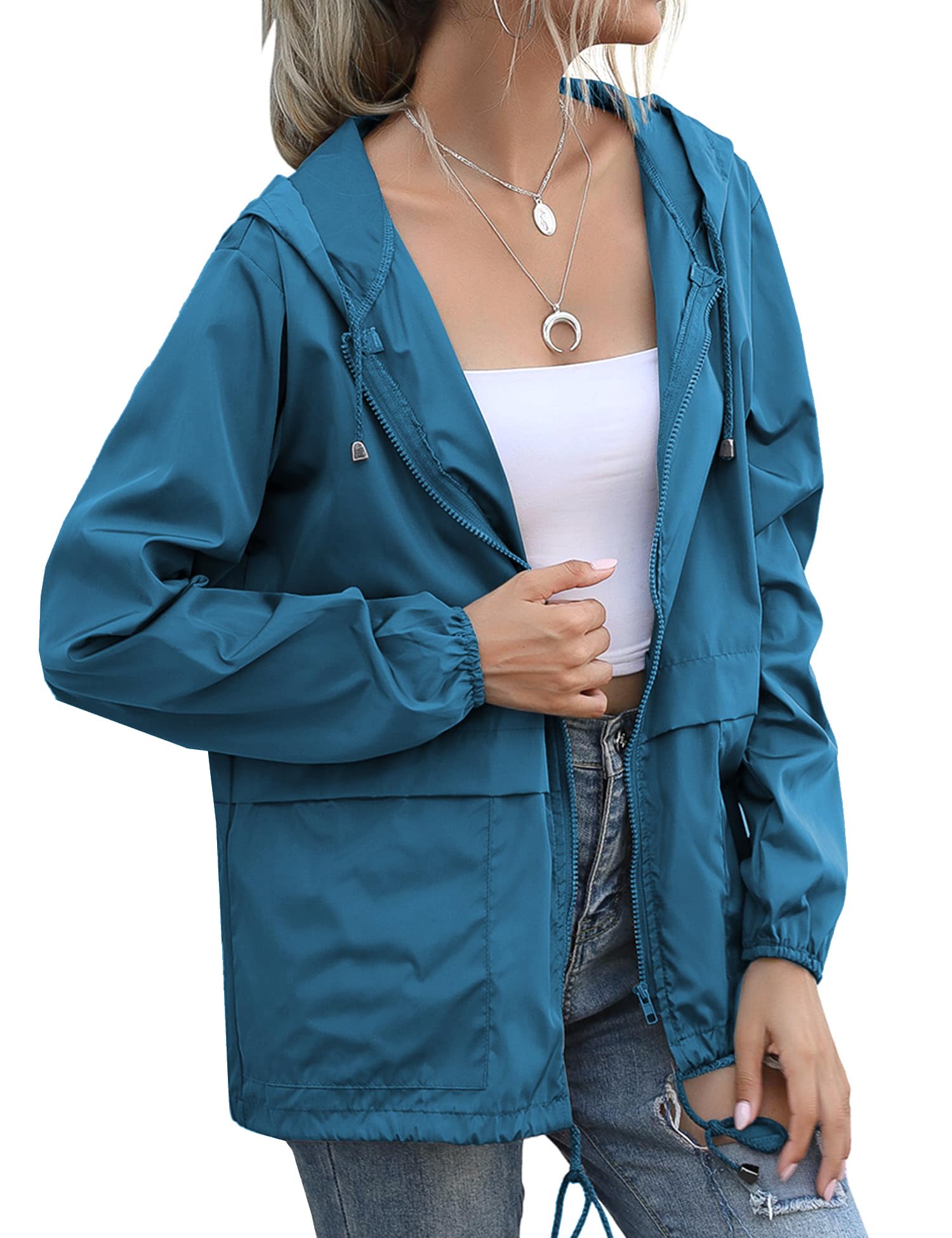 Women's Raincoats Lightweight Waterproof Windproof Adjustable Windbreaker Rain Jackets Hooded with Pockets S-XXL